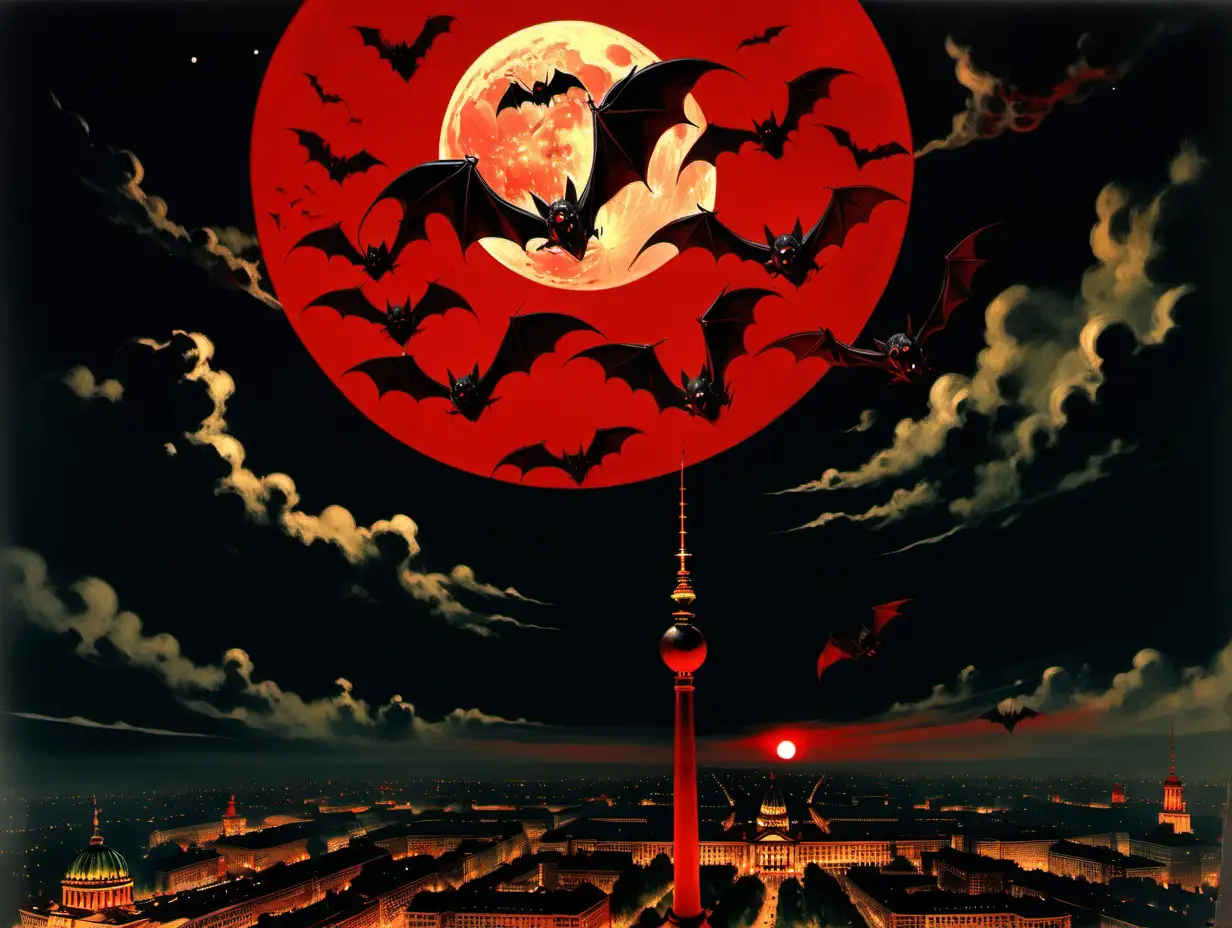 Nocturnal Flight Vampire Bats Soaring Over Berlin 1940 under a Crimson Moon in Frank Frazetta Style