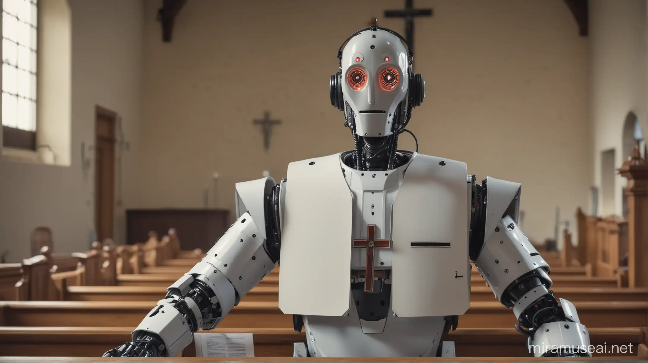 Roboter als protestantischer Pfarrer gekleidet in der Kirche