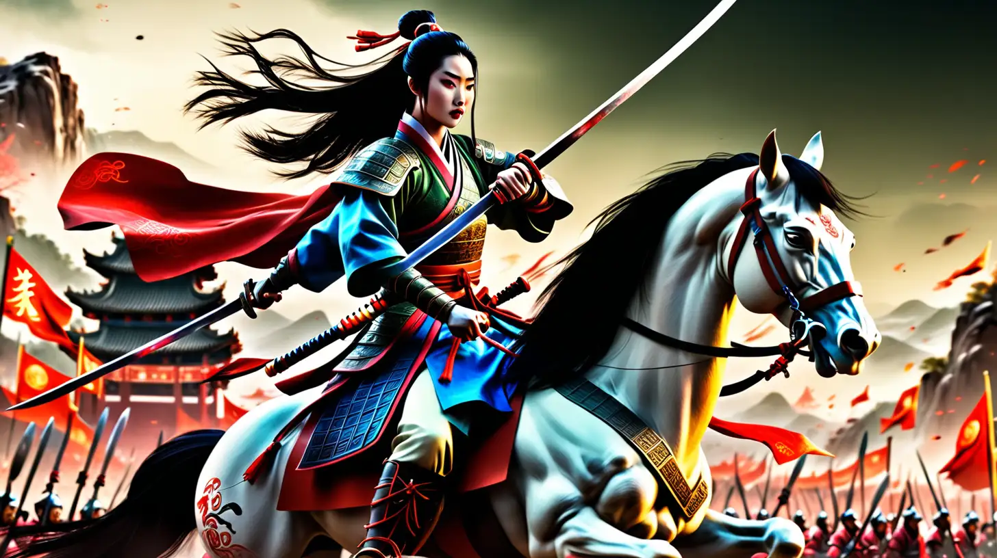 create a beautiful Hua Mulan: battle as a man called Hua Jun. with a vast army defending her nation, she is an expert horseman and he is excellent with sword , show a cinematic battle, ancient china
