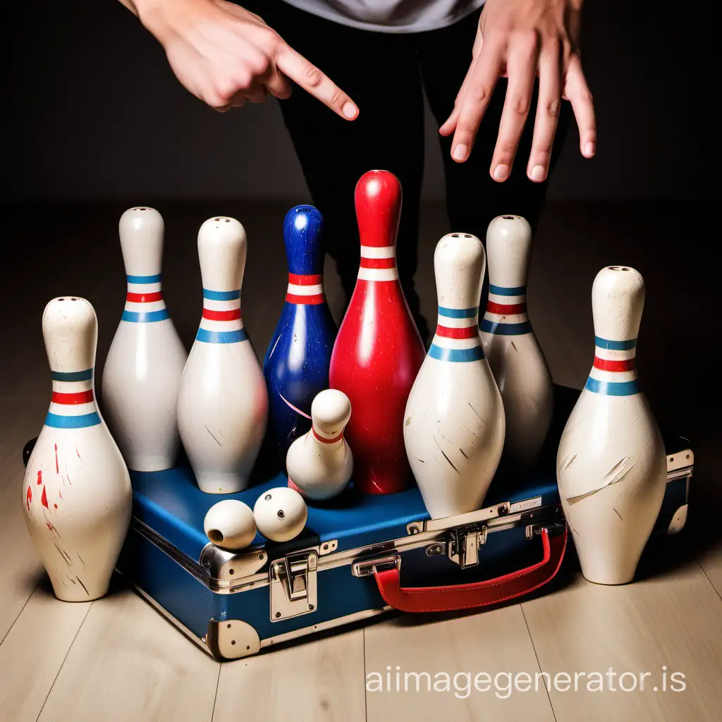 the process of knocking down bowling pins with a suitcase
color