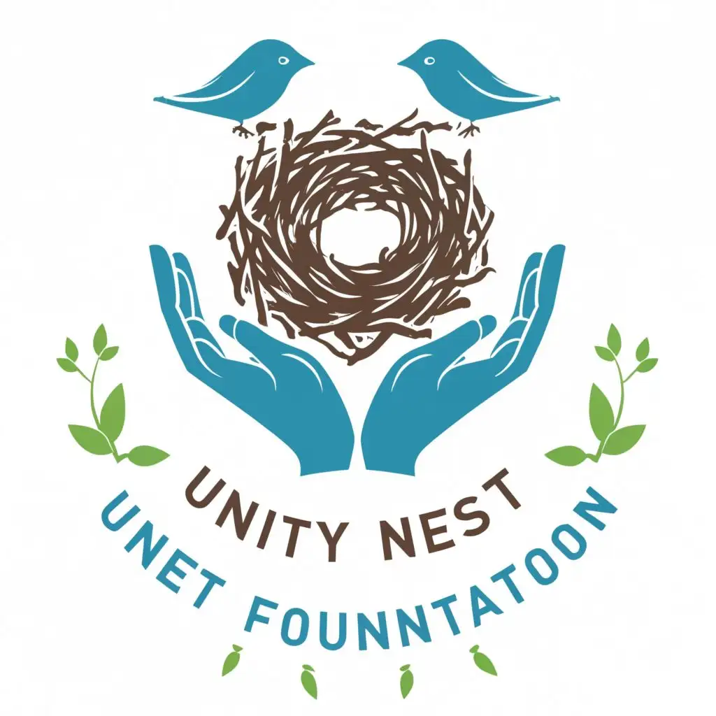 logo, nest birds and  hands, with the text "unity nest nest foundation", typography