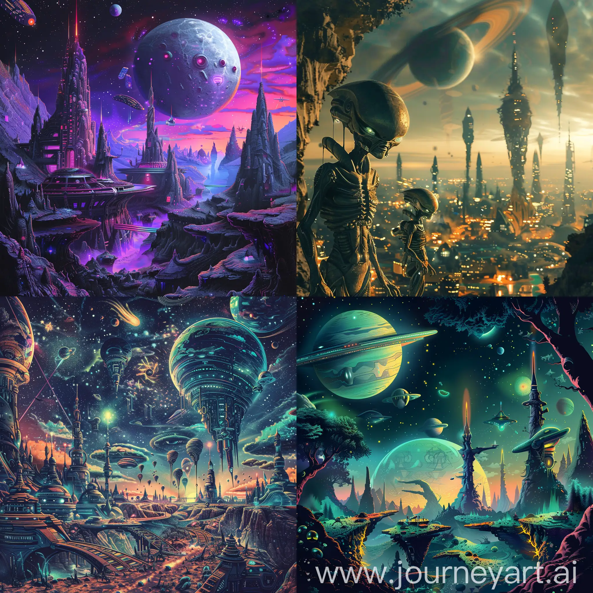 A badass chill trippy background of a futuristic world with aliens