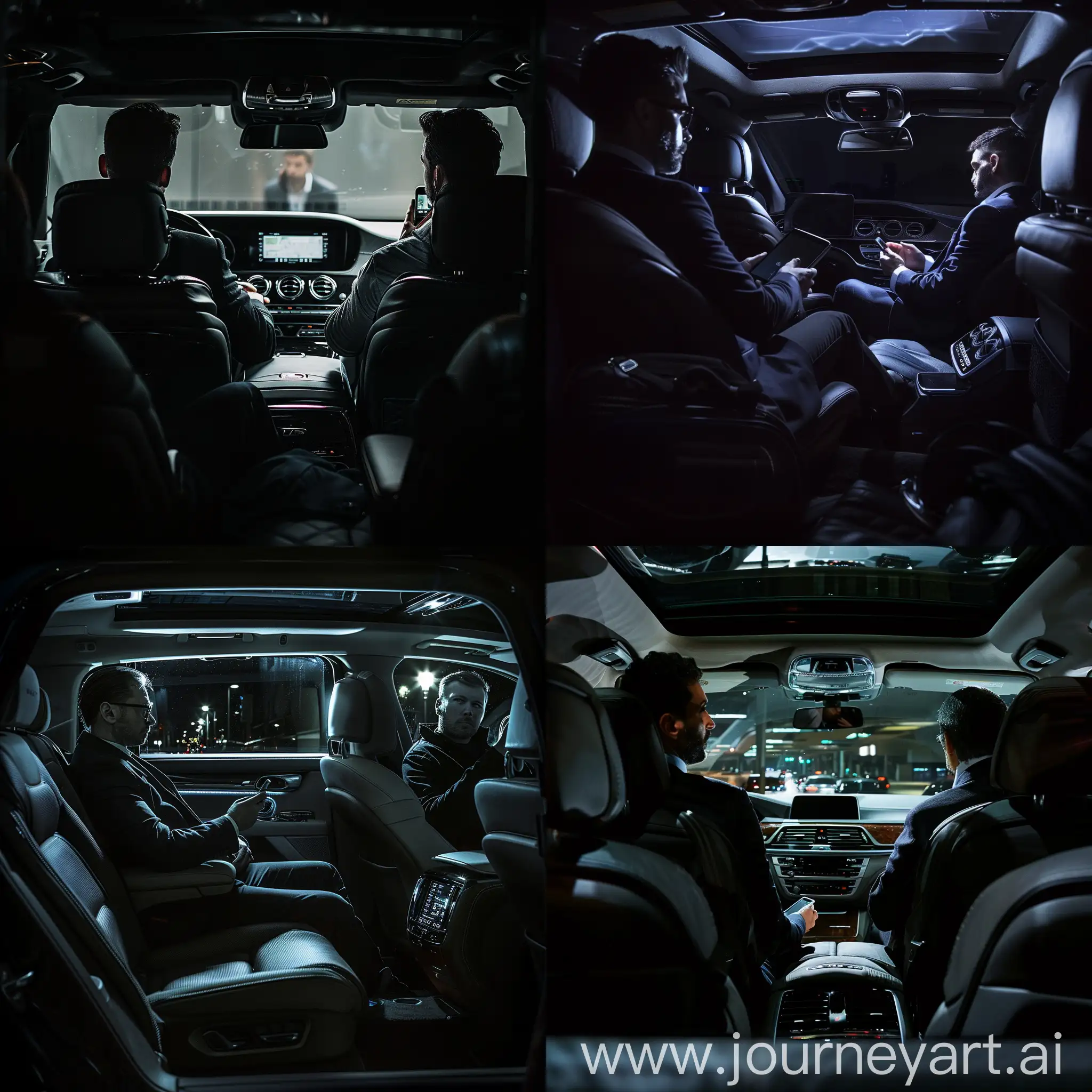 бизнес автомобиль, темный солон, вид с левого заднего пассажирского сидения, на нем сидит мужчина с телефоном, на водительском сидит мужчина с телефоном