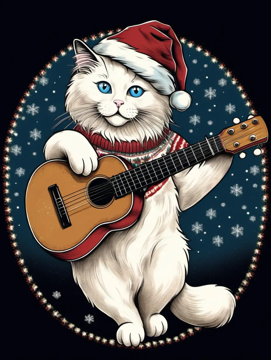vintage old fashioned illustration of a ragdoll cat with blue eyes wearing a christmas hat and an ugly sweater and playing a black guitar in the middle of a black background