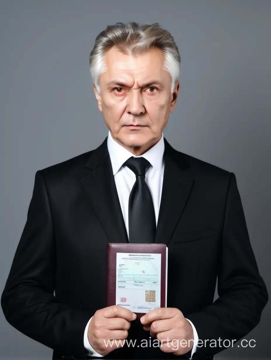 Русский мужчина 60 лет профессиональный  адвокат в красивом костюме в чёрном пиджаке под которым белая чистая рубашка. С окуратной красивой причёской. У мужчины серьёзный и мудрый взгляд  (Фото паспорт)