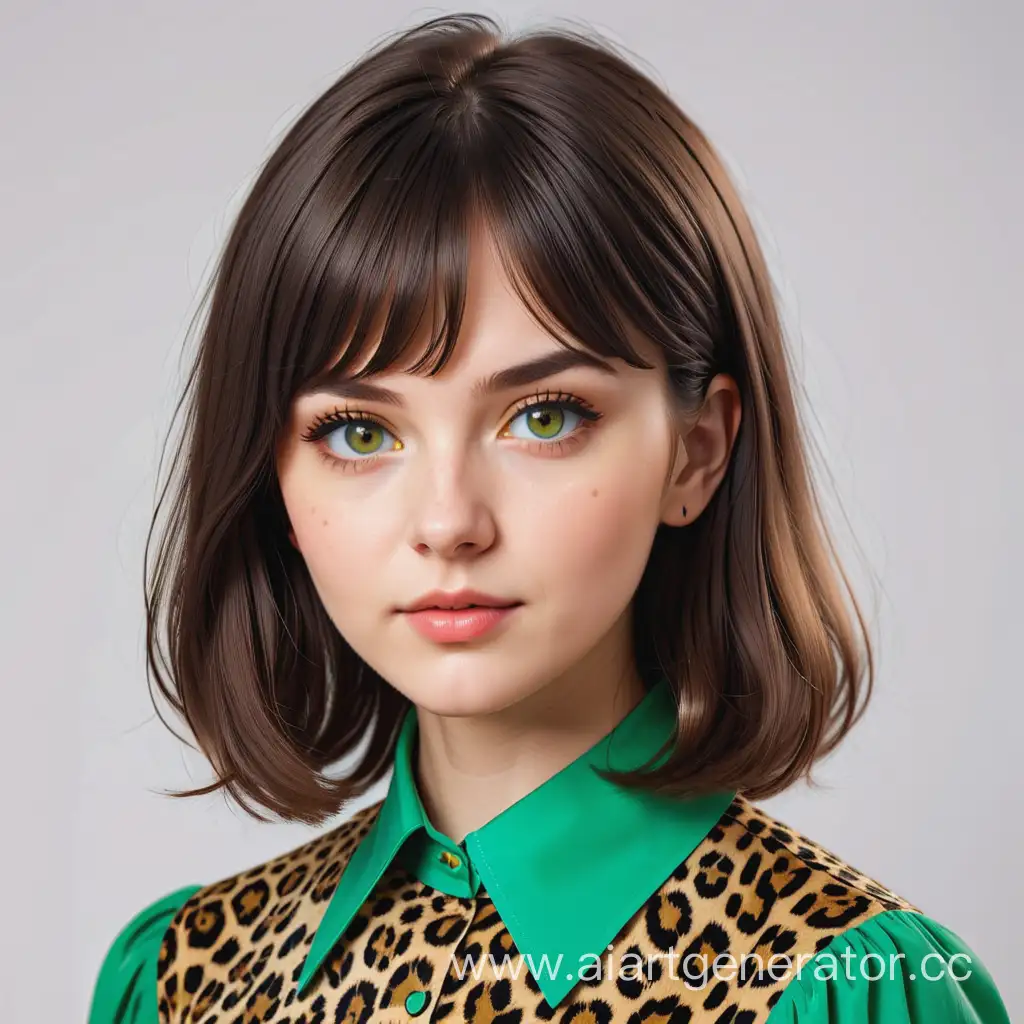 молодая учительница по русскому языку и литературе, у нее круглый овал лица, темное каре с челкой, желто-зеленые глаза и зеленая блузка с леопардовым принтом
