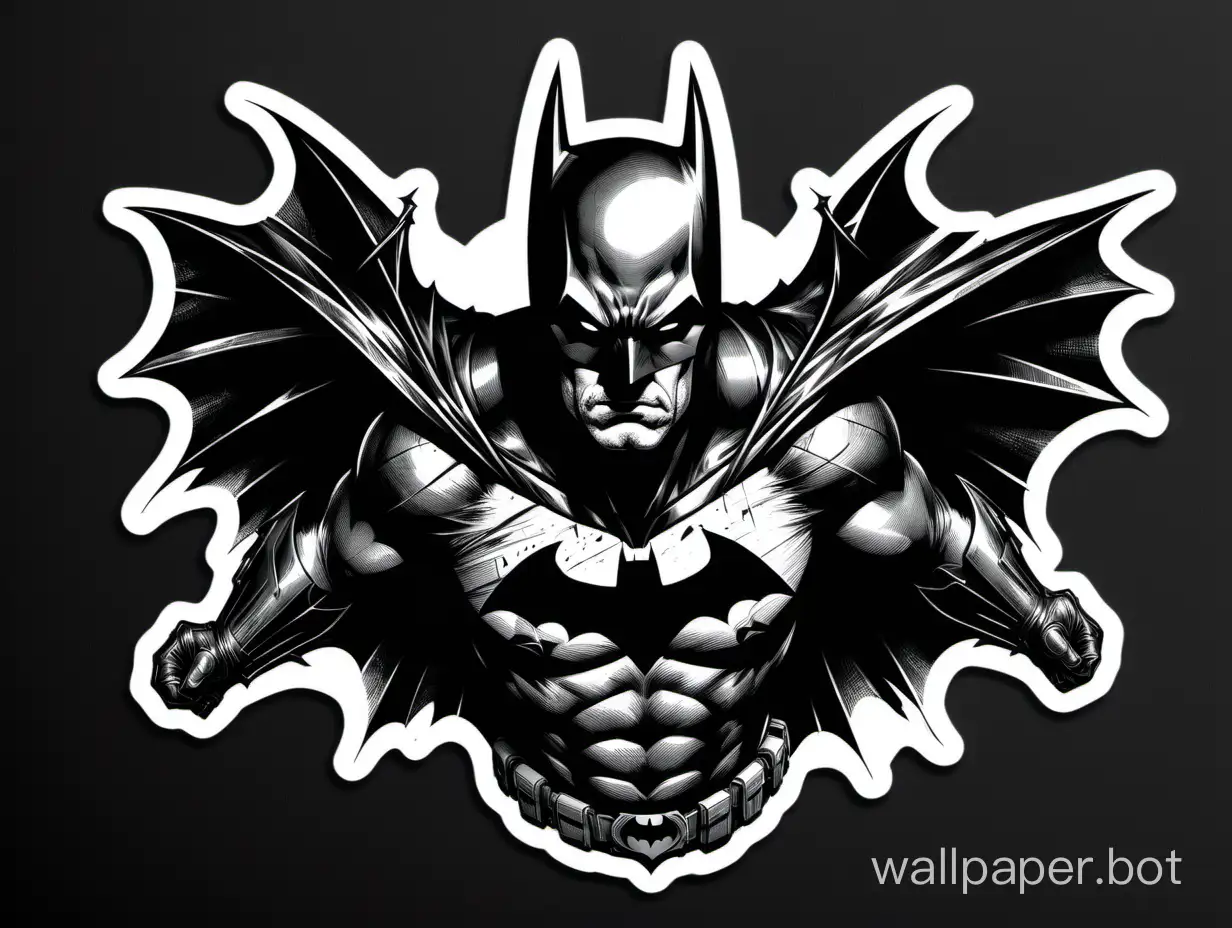 Batman old, asymmetrical, Frank Miller style, monochromatic, black glitch bats, vintage style, drawing, darkness, sticker art