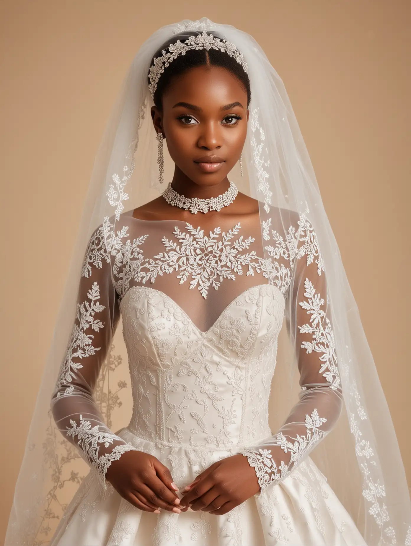 African girl，A stunning bride in her elegant wedding dress, showcasing the intricate lace and satin details of the bodice with a beautiful Aline skirt. She wears an exquisite veil that adds to her grace as she poses for highly detailed photography, capturing every detail on neutral background