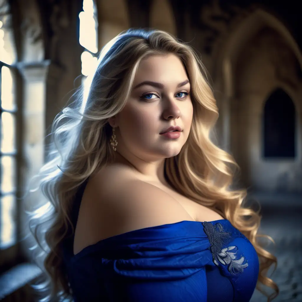 beautiful, sensual, classy elegant plus size model portrait with dirty blond hair, wearing royal blue, slight smile, soft light from left,  long hair is flowing as in the wind, photoshoot inside a winter castle in France, inside the rooms in the castle, antique background