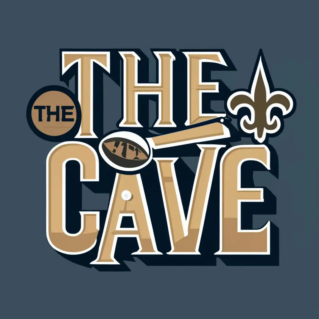 logo, Sports bar and arcade. New Orleans saints, DJ Turntables and arcade games, with the text "The Cave", typography, be used in Restaurant industry
