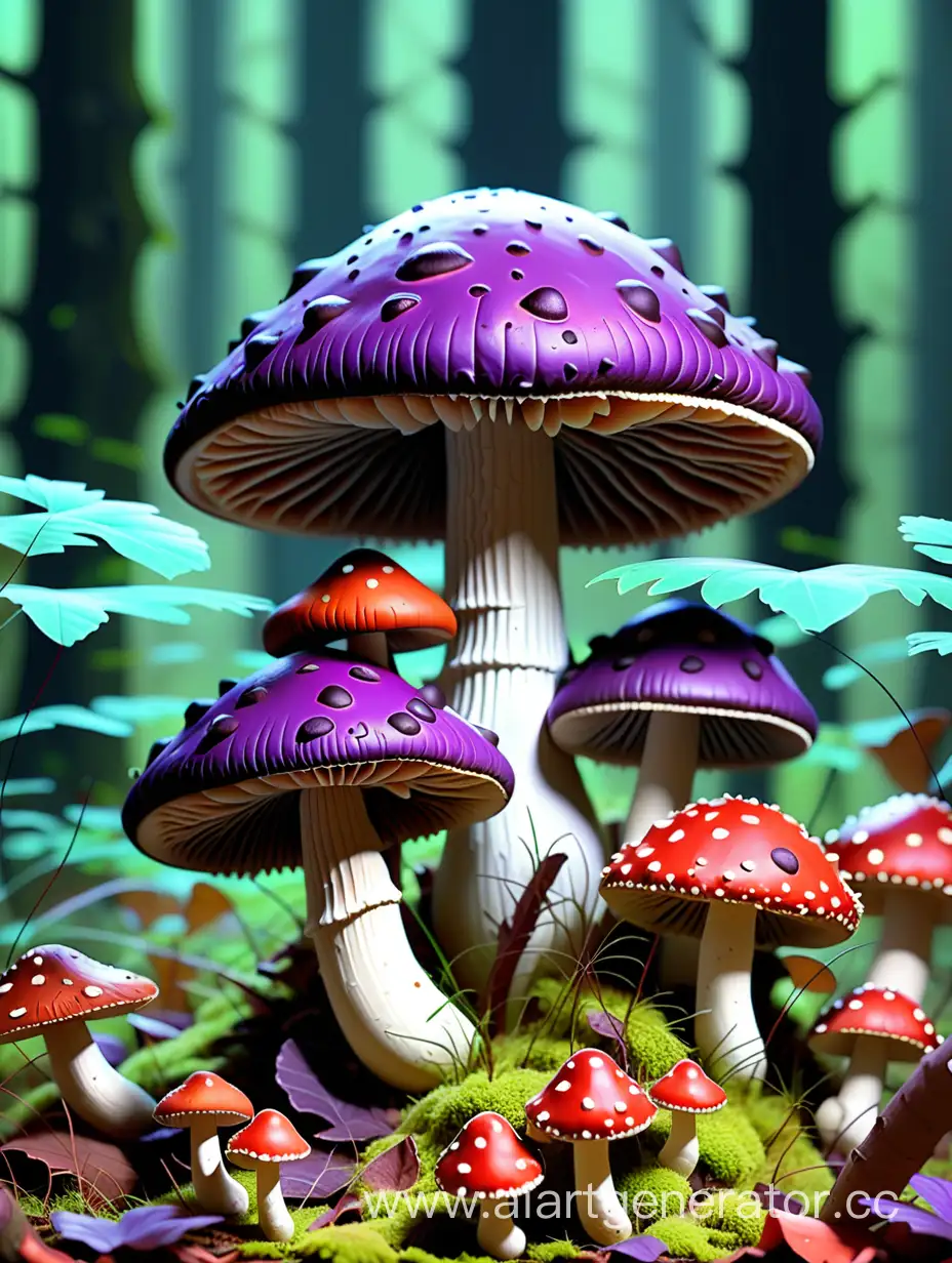 Enchanting-Purple-Mushrooms-and-Fly-Agarics-Natural-Wonders-in-a-Magical-Forest