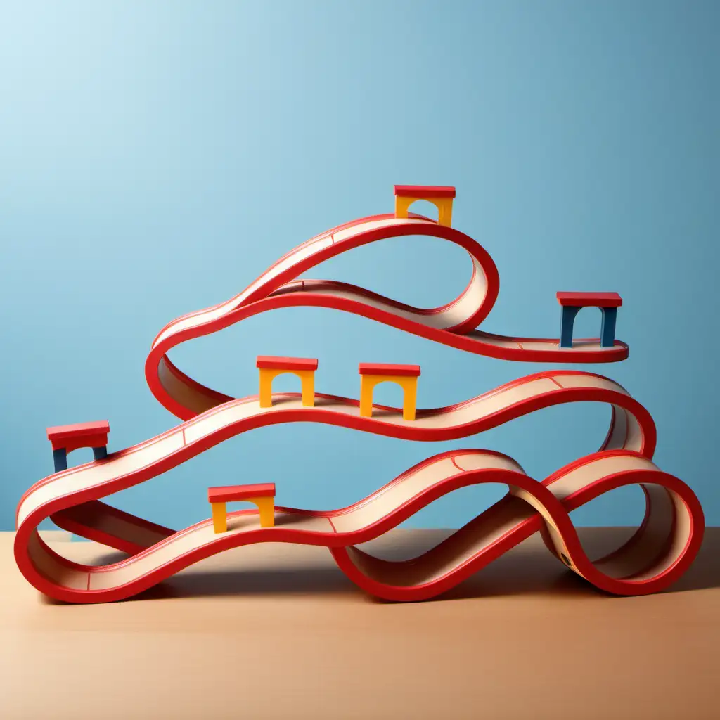 a toy highway on a table, climbing up in sloped curves, forming several loops at several stages.