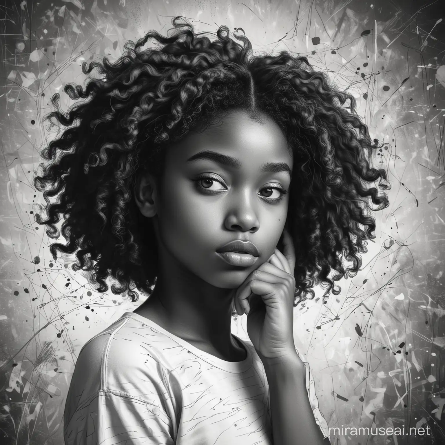 ﻿Black girl in thinking and doubts pose monochrome illustration, Young female character with dreamy face on abstract background, Ai generated black and white sketch poster