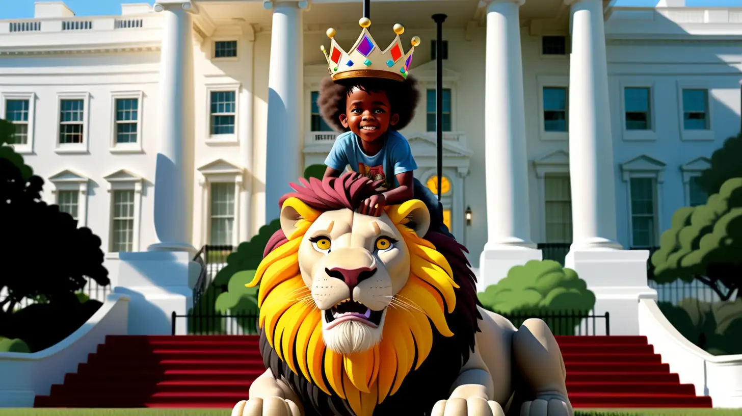 /imagine 6 year old black american boy who is wearing a crown, riding on the back of a lion in front of the white house. The lion is huge, the mane is colorful 