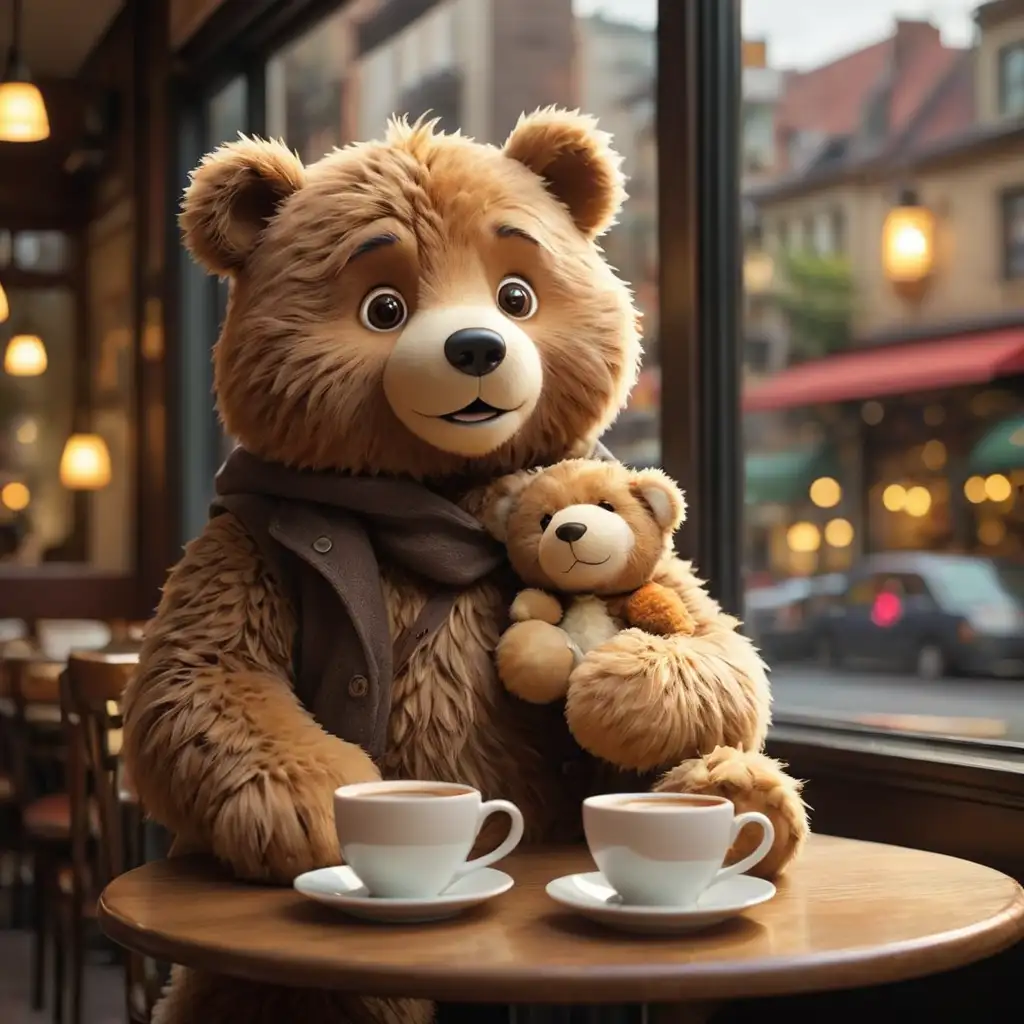 Create an image of a scene in a cozy cafe. In this scene, imagine a charming human-like figure with adorable features reminiscent of a teddy bear. This character has long, fluffy fur covering their entire body, resembling the soft, cuddly texture of a plush toy. They sit comfortably at a table in the cafe, their fur gently swaying with their movements.

The cafe itself has a warm and inviting atmosphere, with soft lighting and plush seating arrangements. The walls are adorned with artwork depicting scenes from nature, adding to the tranquil ambiance. The aroma of freshly brewed coffee fills the air, mingling with the scent of freshly baked pastries.

The teddy bear-like human holds a steaming cup of coffee in their paws, delicately taking a sip as they gaze out of the window. Their eyes sparkle with curiosity and warmth, reflecting the peaceful surroundings of the cafe. Perhaps they're lost in thought or engaged in a conversation with a fellow cafe patron.

Outside the window, the soft glow of streetlights illuminates the bustling city streets, creating a picturesque backdrop for the scene. Despite the hustle and bustle of the city, the cafe offers a serene sanctuary where visitors can relax and unwind.