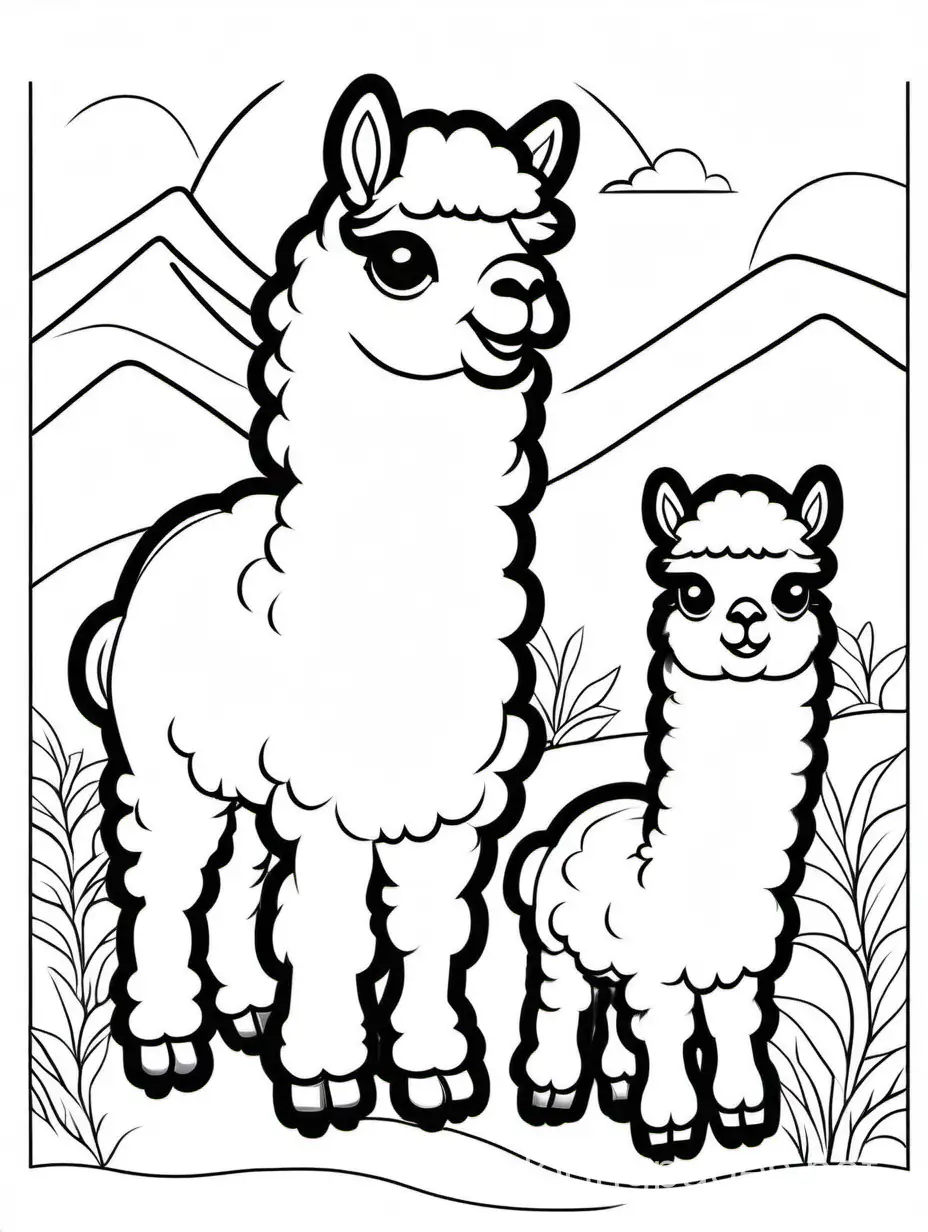 cute Alpaca Cria with his baby for kids easy for coloring, Coloring Page, black and white, line art, white background, Simplicity, Ample White Space. The background of the coloring page is plain white to make it easy for young children to color within the lines. The outlines of all the subjects are easy to distinguish, making it simple for kids to color without too much difficulty