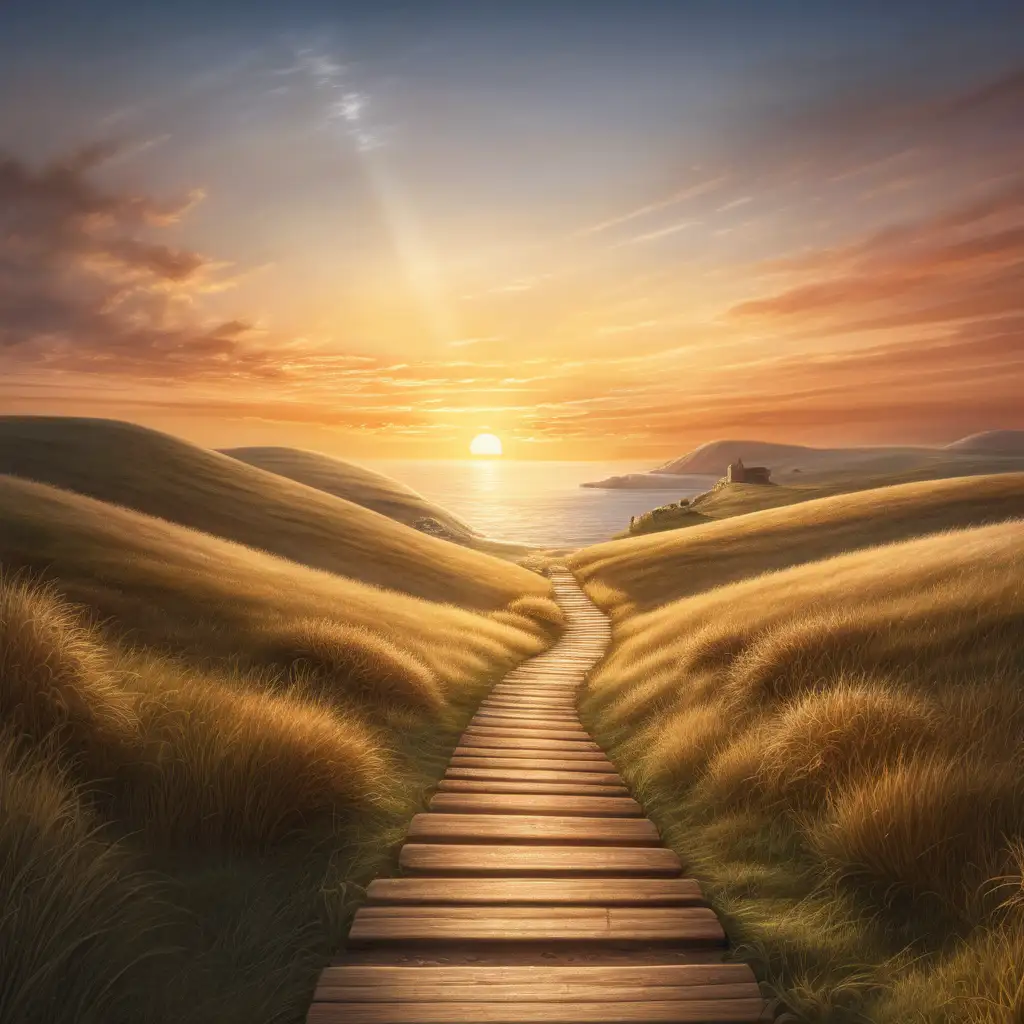 create a realistic image of a single, illuminated path leading into a sunrise, symbolizing the beginning of a journey
