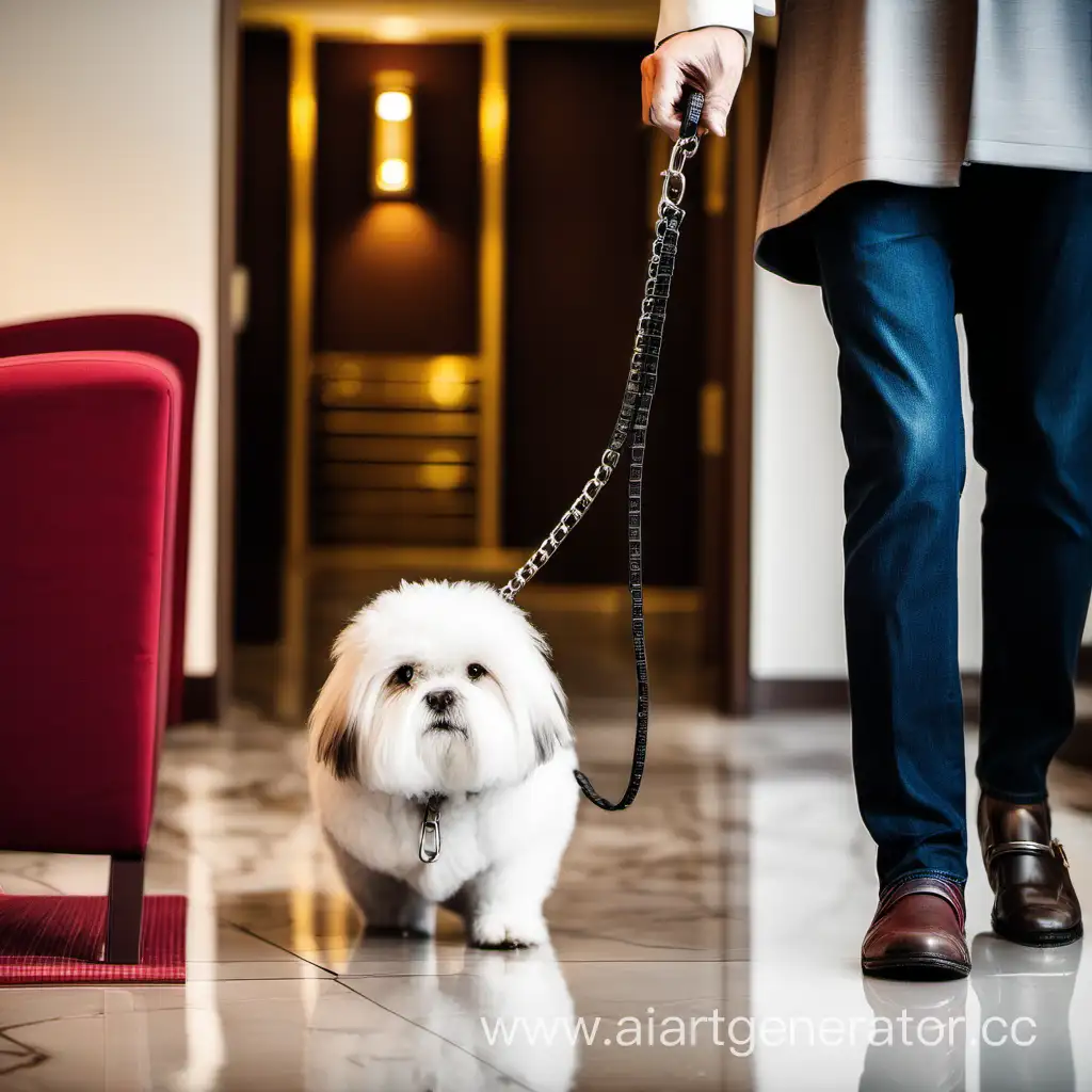 собака с хозяином на поводке в отеле