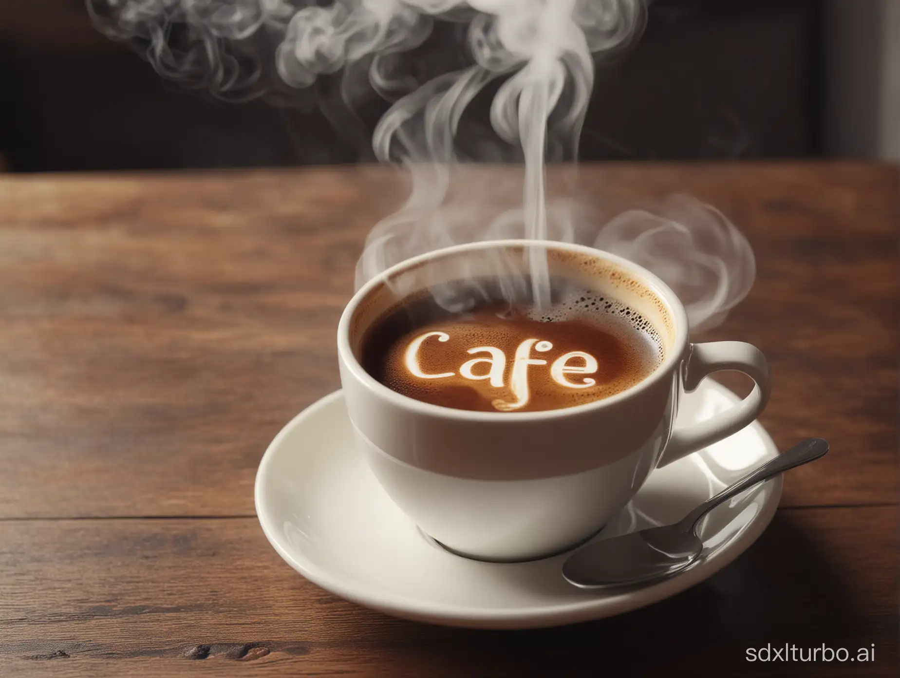 a cup of coffee steaming, with the text "Café", cinematic, 8k