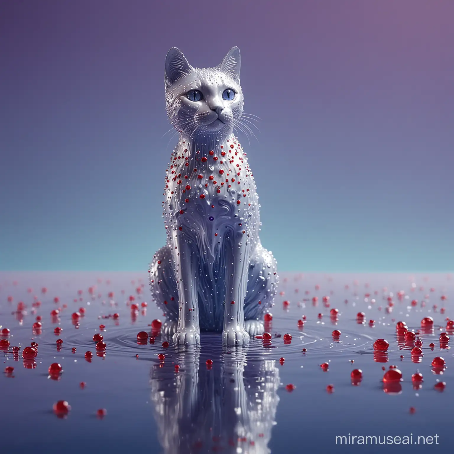 A glass mannequin, transparent, sat in the water, with silver dots and small shapes, with a glass cat, red small dots, watering her plants, with furry sky blue and purple, abstract liquid melt background, high fashion, vintage photography, cinematic, soft fur