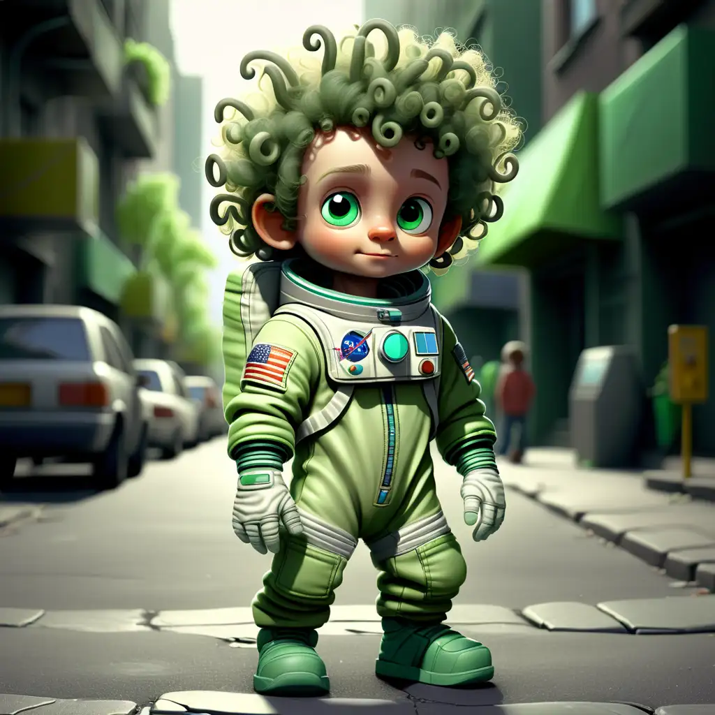 Curly Haired Green Boy Astronaut in Casual Street Clothes
