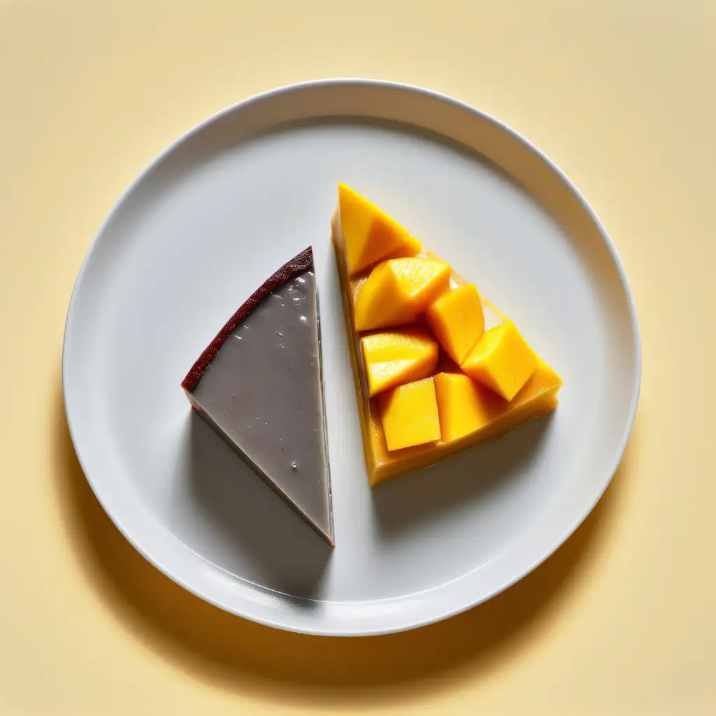 A triangular slice of gray pudding, alongside a slice of juicy mango. On a white plate.