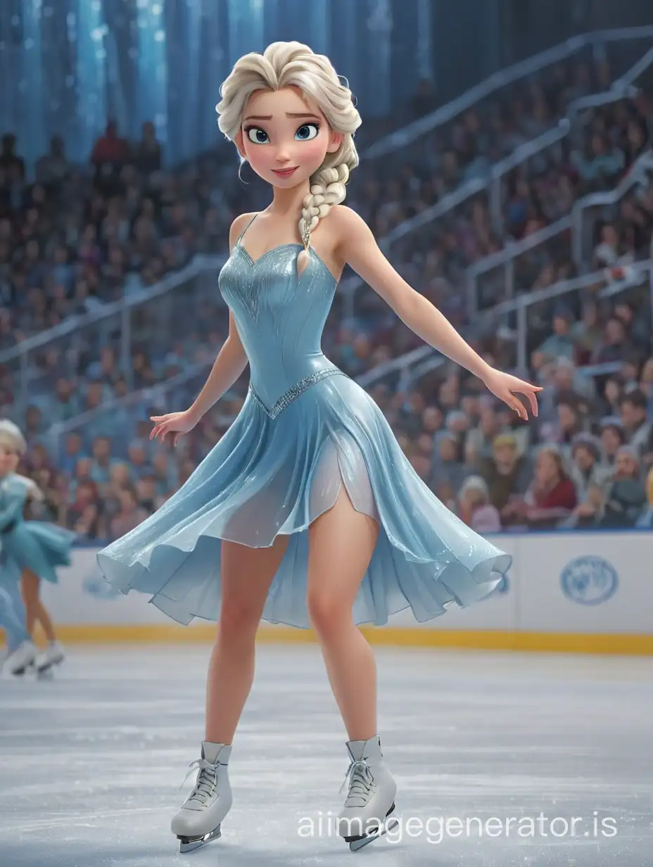 Disney animation style, elsa with a short iceblue shiny spandex dress on an ice skating rink with many spectators, long hair, hair braid,  white figure skating shoes, 8k, detailed, high definition, ultra detailed, very attractive, very cute, 8k