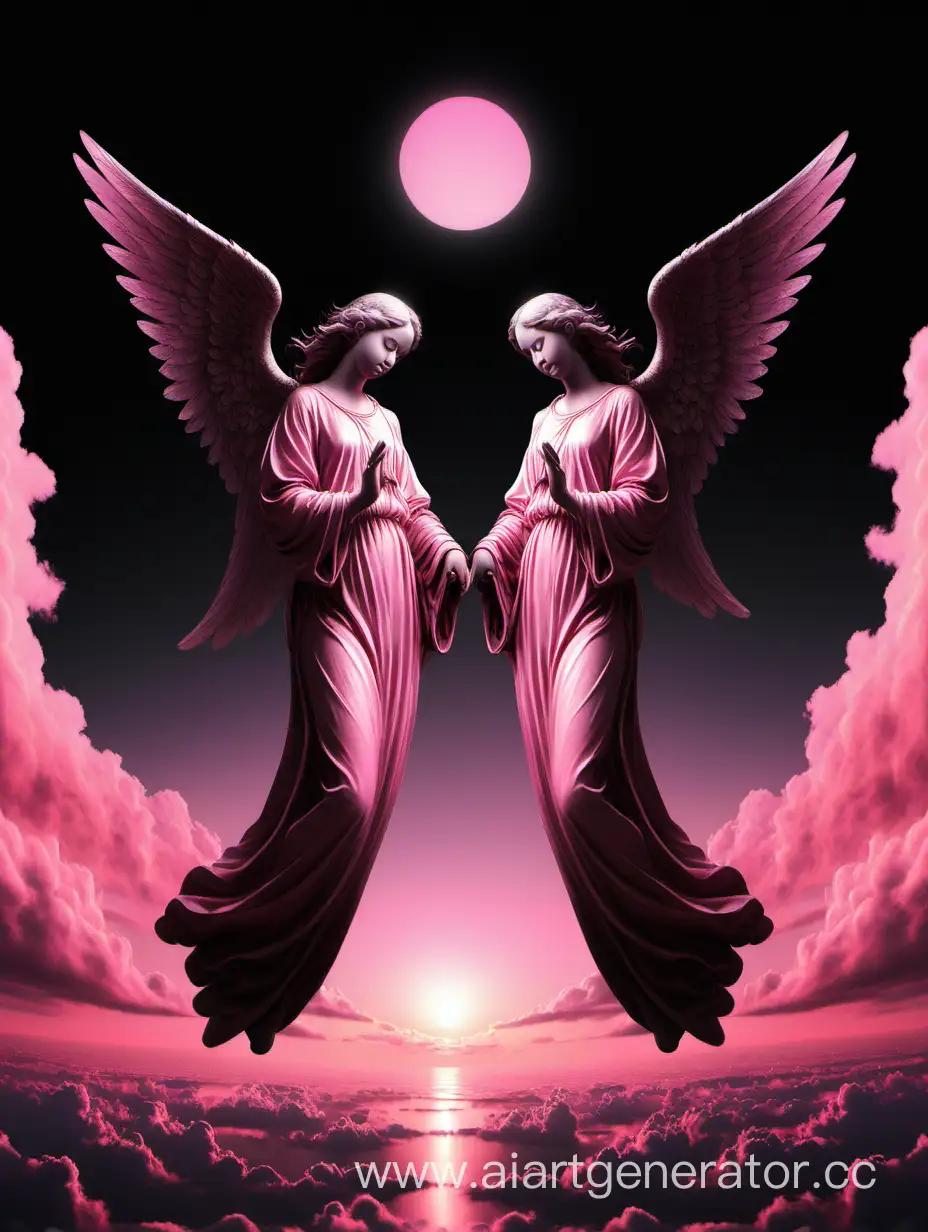 Черный фон, розовое небо , 2 ангела