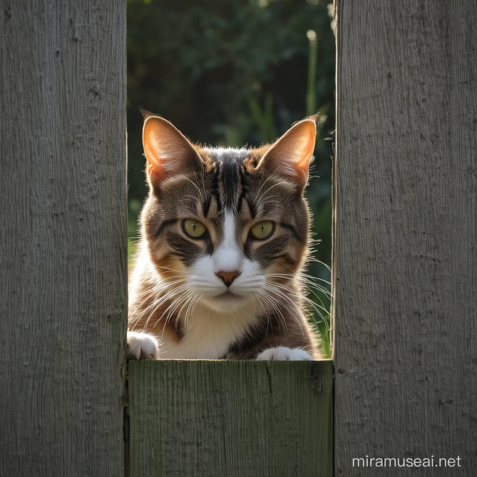 Katze schaut aus einer Lücke vom Gartenzaun heraus, lebendig, detailliert, Licht und Schatten