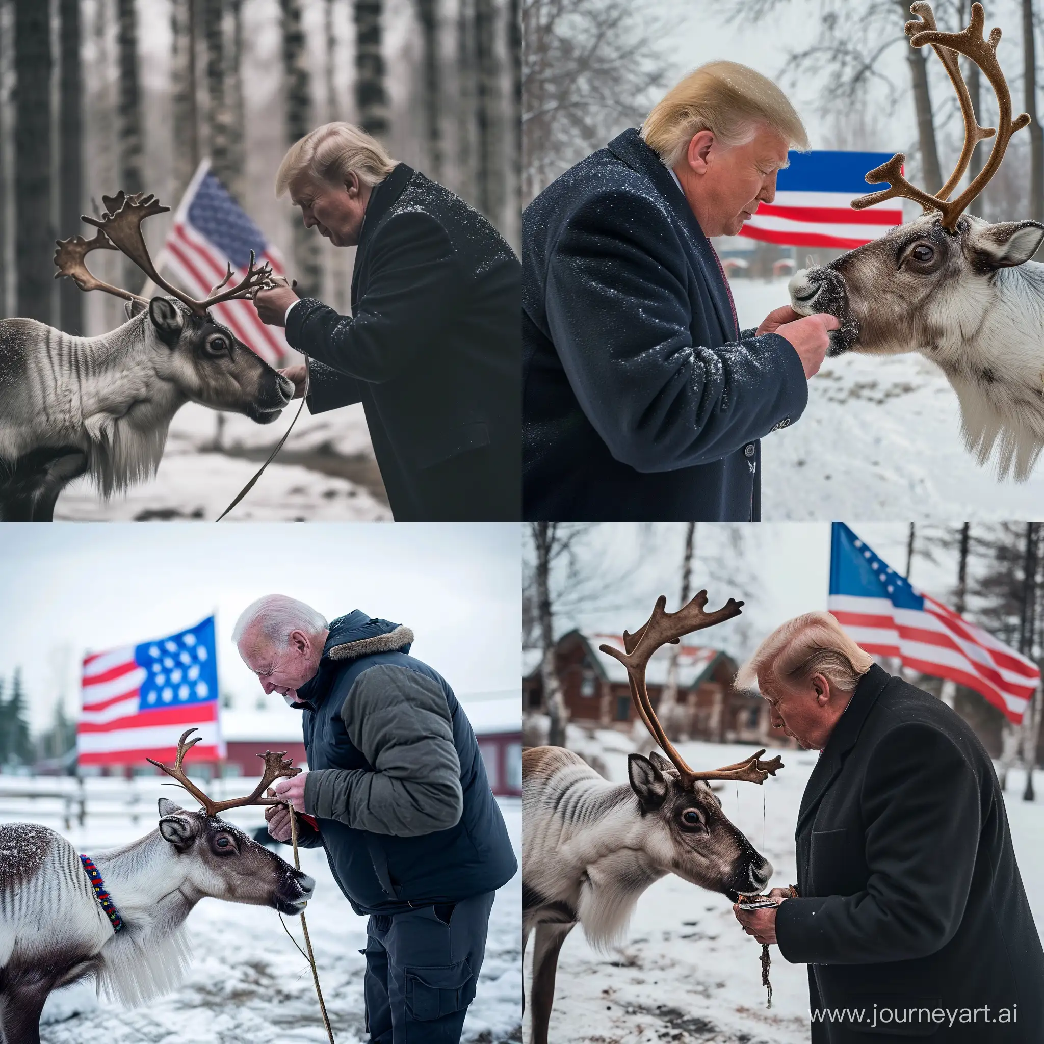 USA-President-Feeding-Reindeer-in-Snow-with-Yakutia-Flag-Background