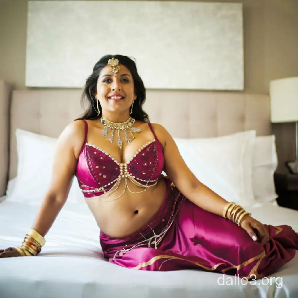 Generate full  view image of a 40 year old curvy indian woman wearing Egyptian magenta color bedlah belly dance dress.  Show her feet also. She half lying on a white satin king bed. She is wearing wedding jewellery, her photo is being taken by her boyfriend with a digital camera