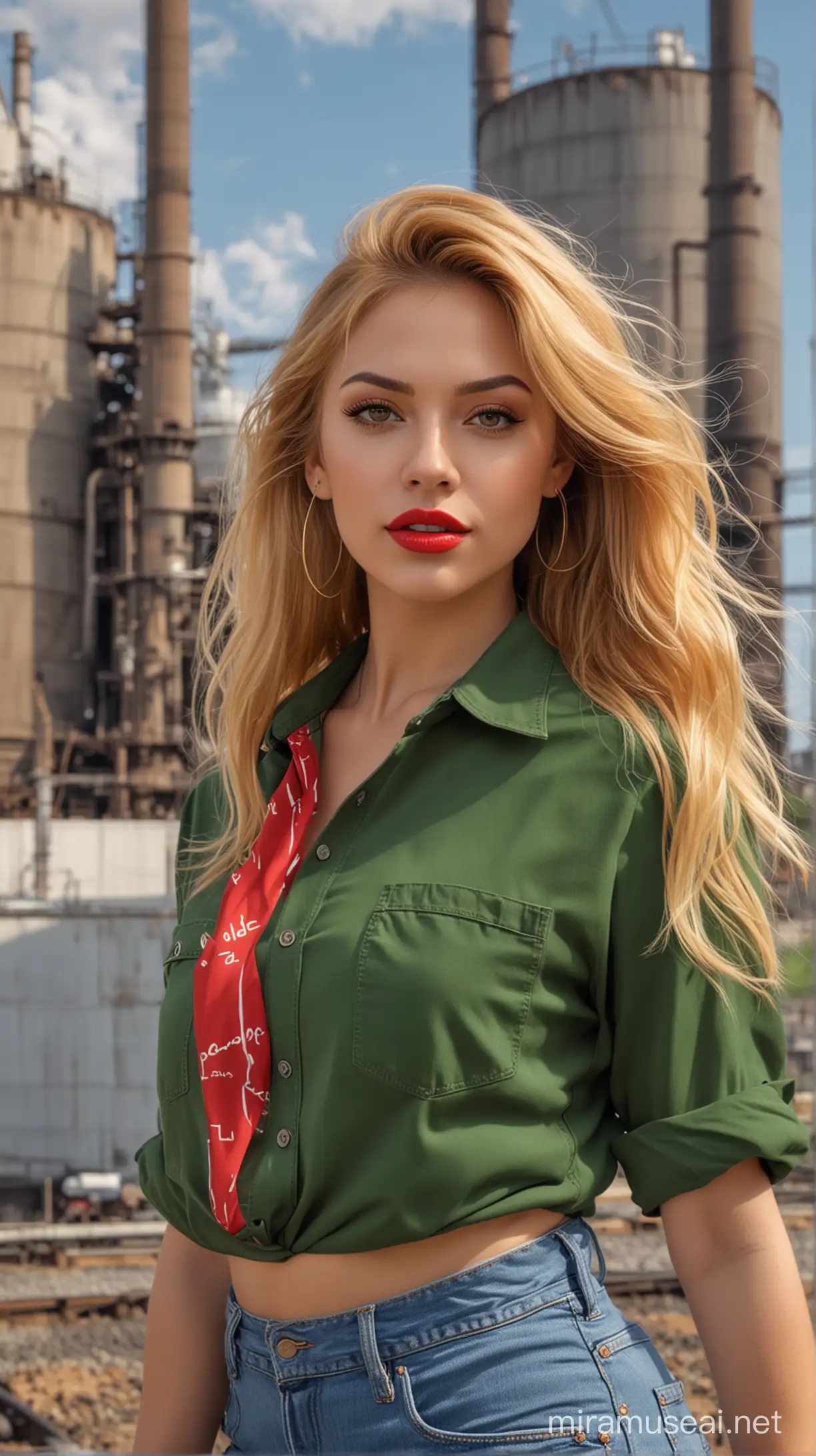 4k Ai art  beautiful USA hot girl golden hair red lipstick ear tops brown jeans and green line shirt in usa power plant