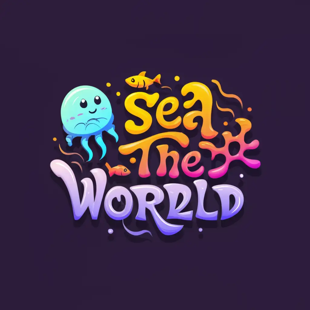 a logo design,with the text "Sea-The-World", main symbol:purple jellyfish, orange fish, water slides,Moderate,clear background
