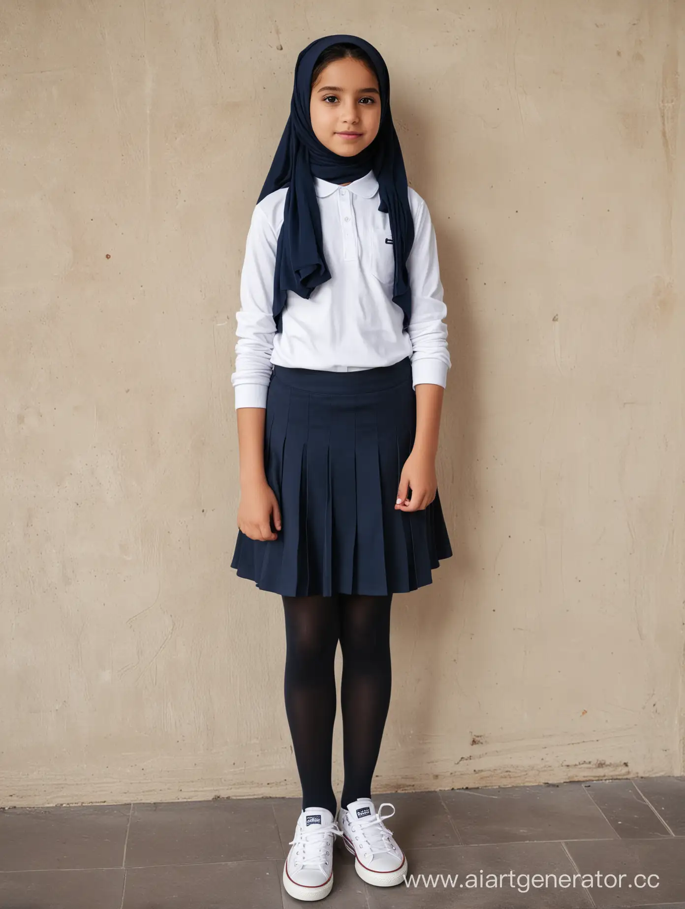 Tween-Girl-in-Hijab-Fashion-Poses-Near-Wall-with-Hands-Raised