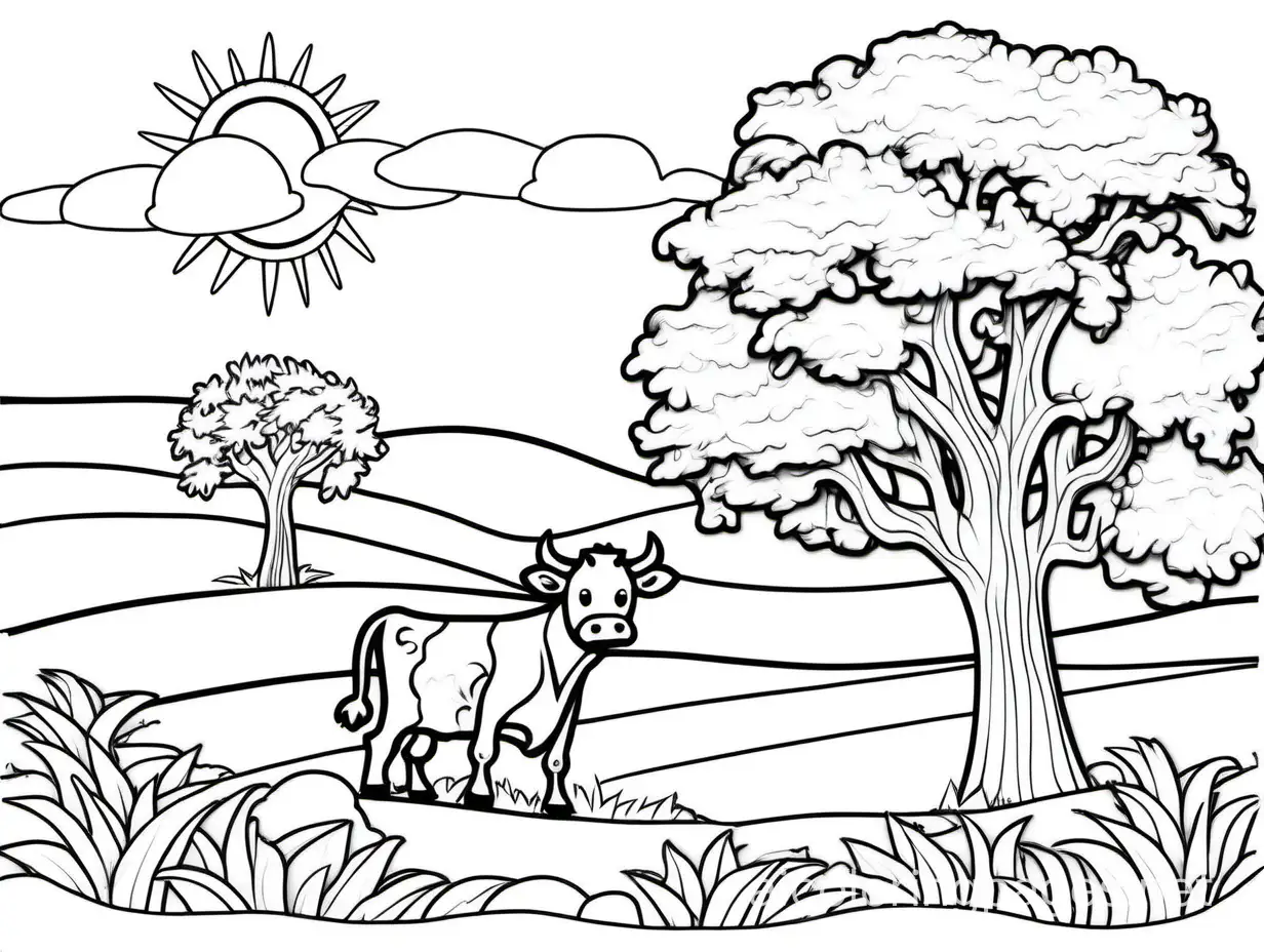 Sunny-Landscape-Coloring-Page-with-Medium-Cow-Black-and-White-Summer-Scene-for-Kids