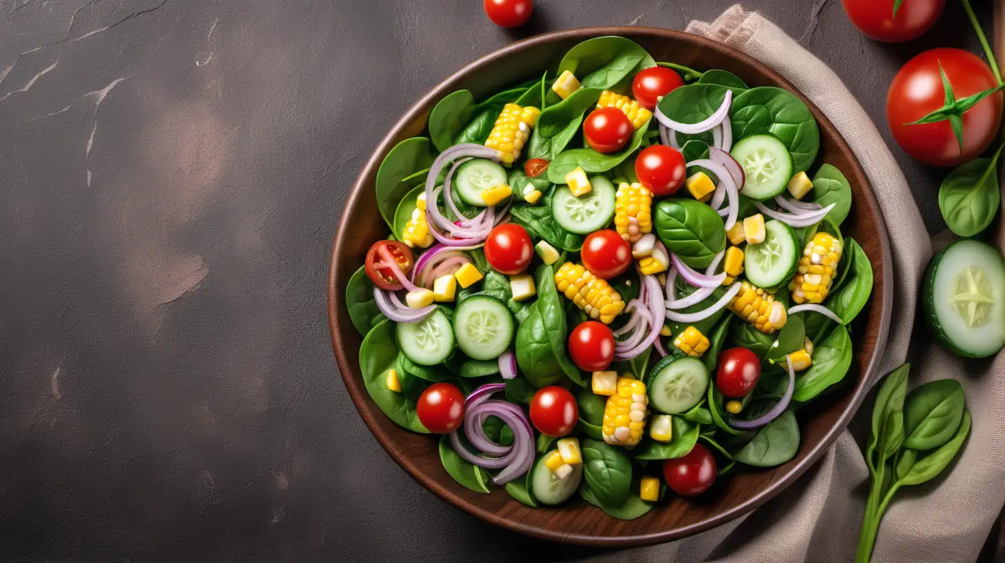 Spring vegan salad with spinach, cherry tomatoes, corn salad, baby spinach, cucumber and red onion, Healthy food concept, Brown stone table Top view. Copy space