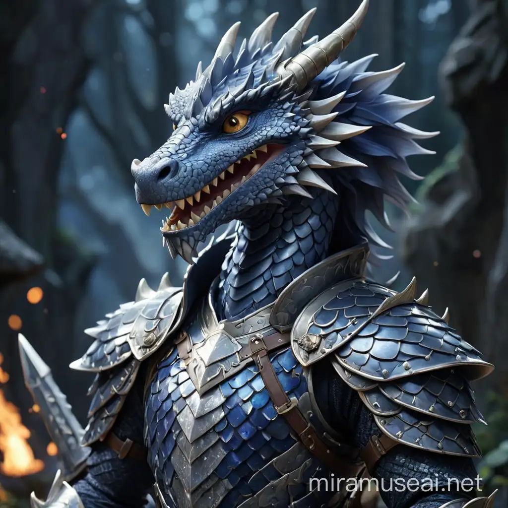 anthropomorphic male dragon as a knight covered in shimmering silver and deep indigo scales that glint like moonlit armor.