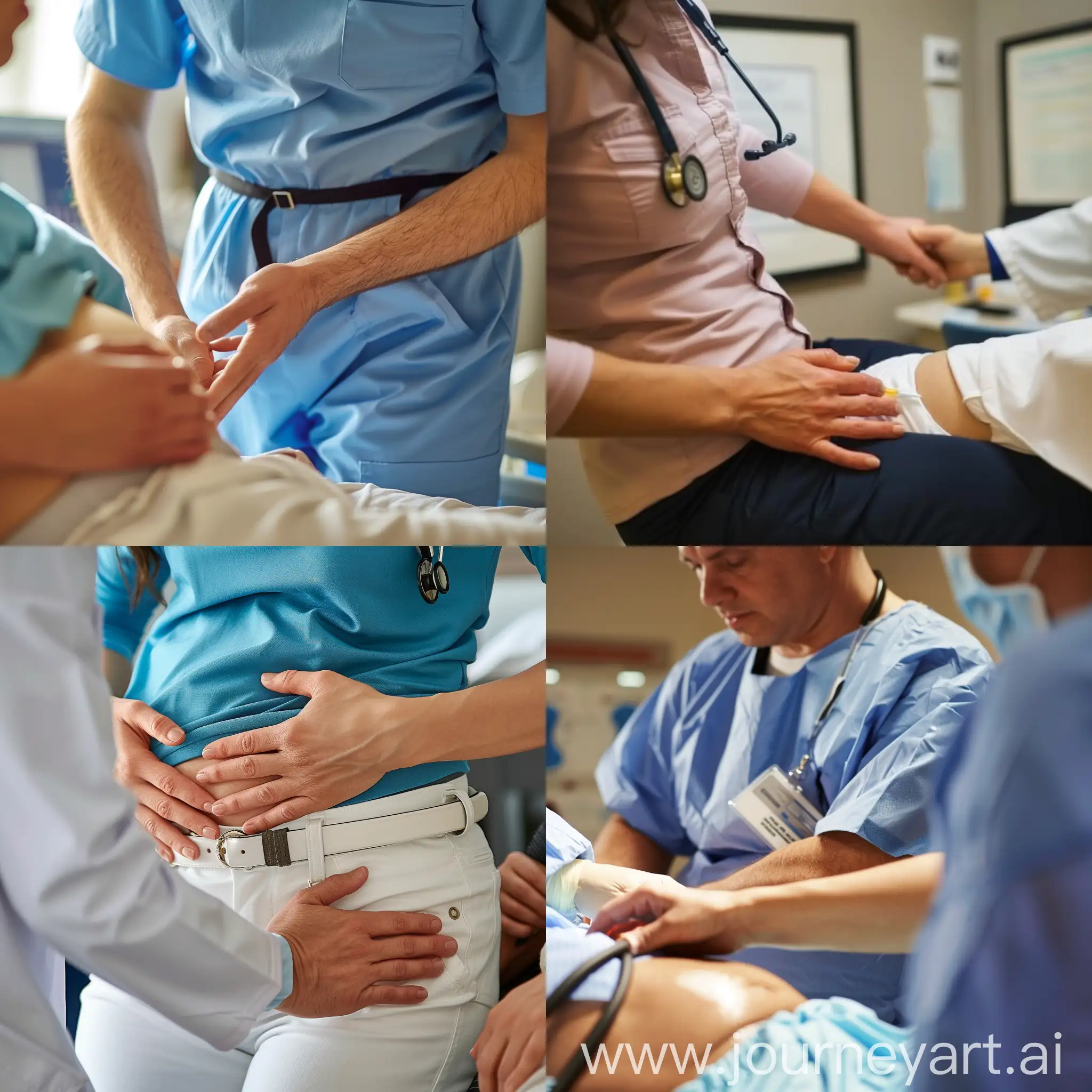 abdominal palpation by a medic during the examination of a patient, POV