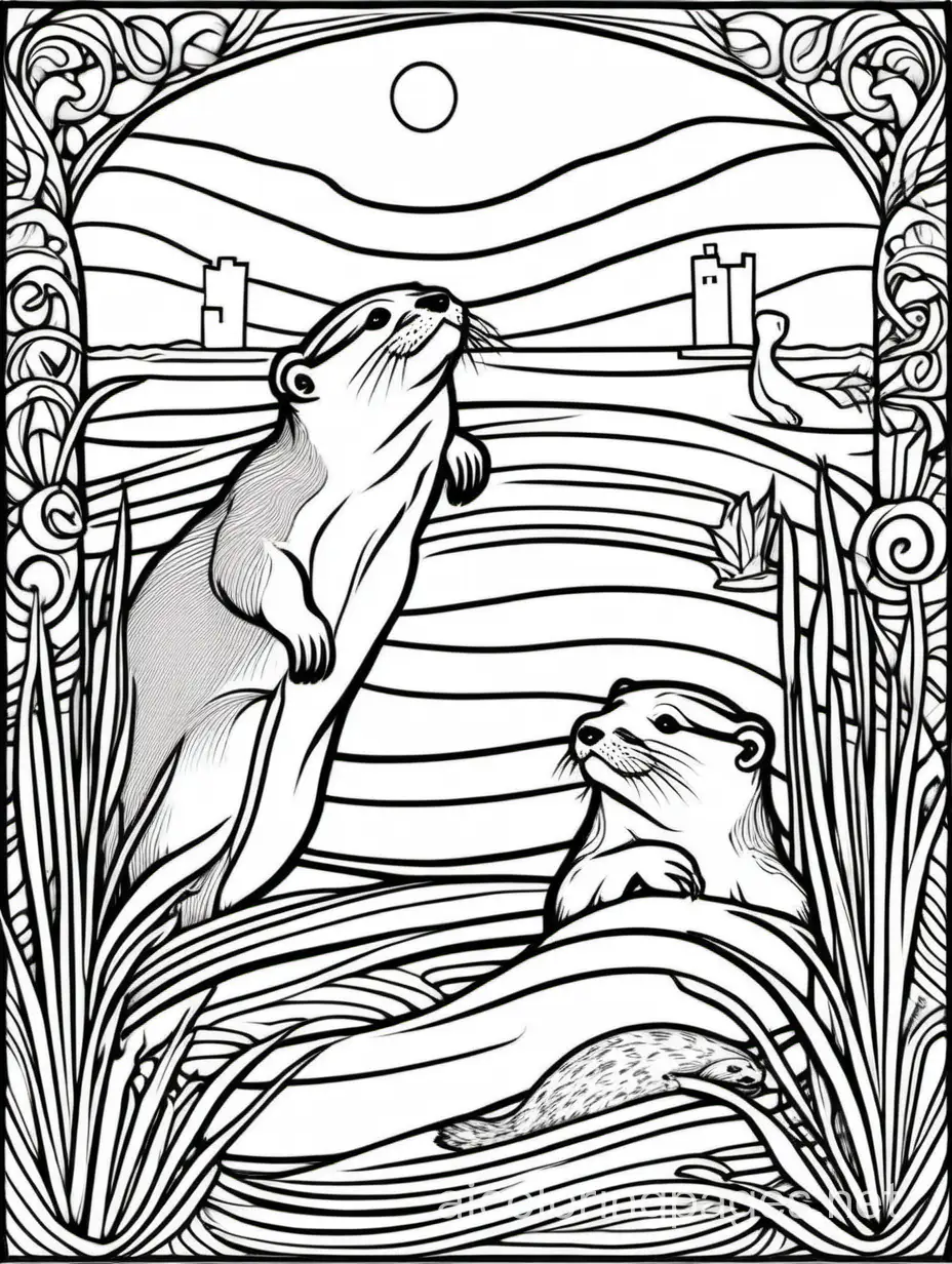 Otters, Art nouveau. , intricate , dramatic Van Gogh, Arthur Rackham , Paul Klee, Coloring Page, black and white, line art, white background, Simplicity, Ample White Space. The background of the coloring page is plain white to make it easy for young children to color within the lines. The outlines of all the subjects are easy to distinguish, making it simple for kids to color without too much difficulty
