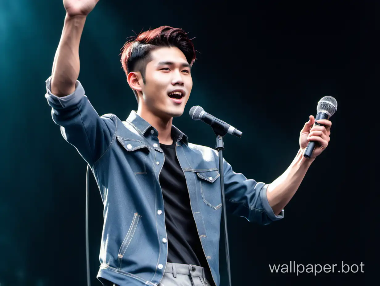 A handsome 26 year old asian with short hair cut, slim face, holding a microphone, on stage singing to a massive audience full of fans waving their hands in the air