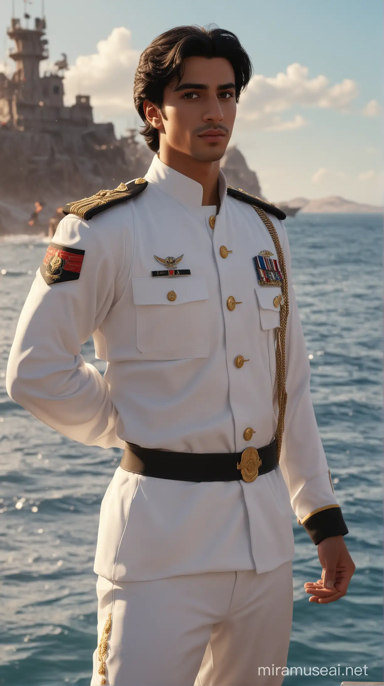 in a sea natural background military there are disney prince Aladdin is Arabic 21-year-old with long black dark hair and black eyes and white military uniform  navy and beautiful 8k re solution ultra-realistic