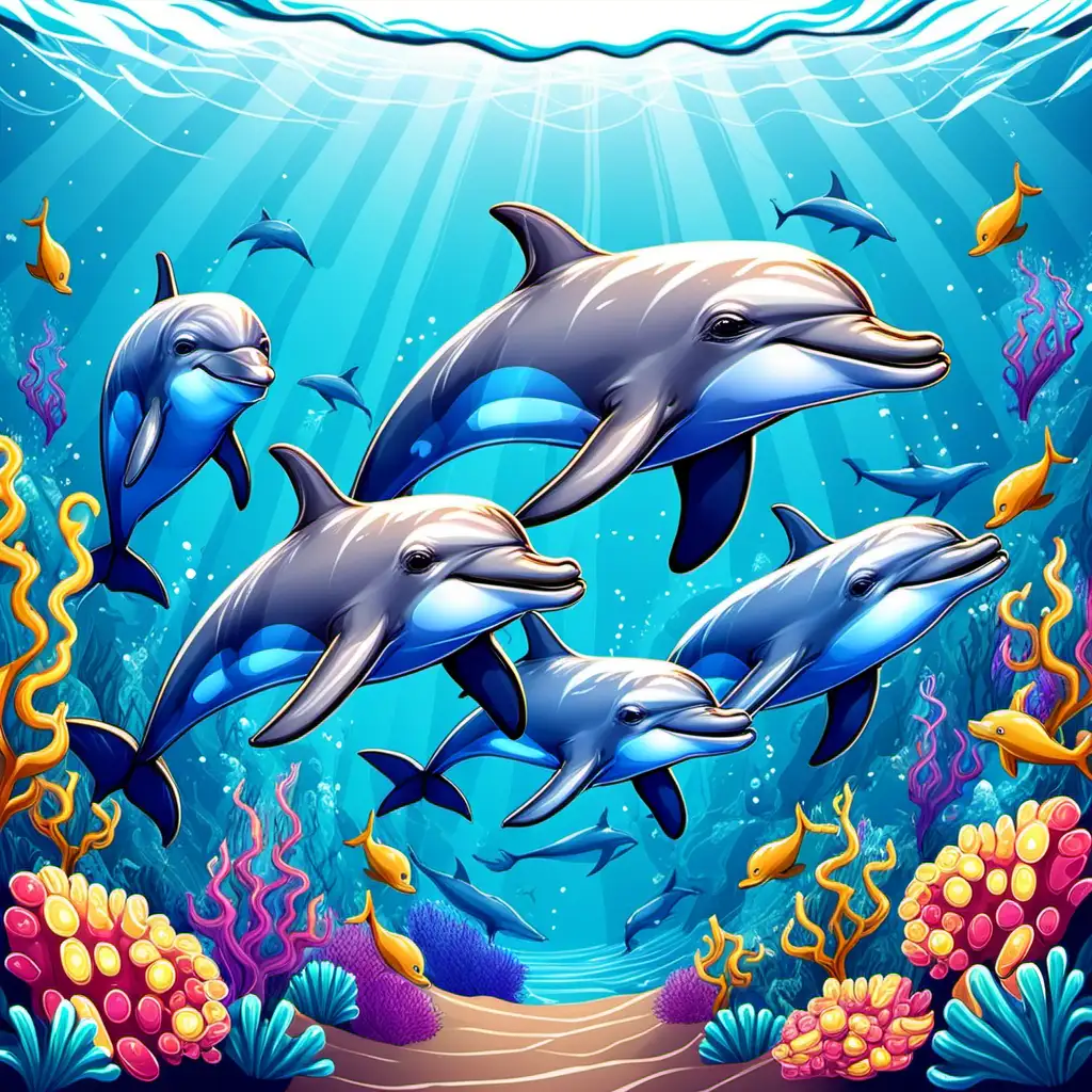 Playful Cartoon Dolphins Swimming in a Detailed Sea