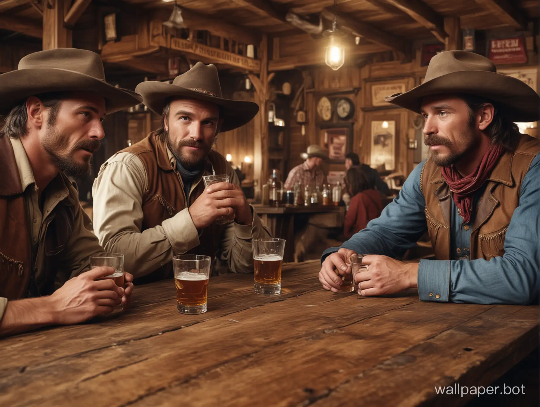 Cowboys drinking in a western country saloon, 8k 16:9