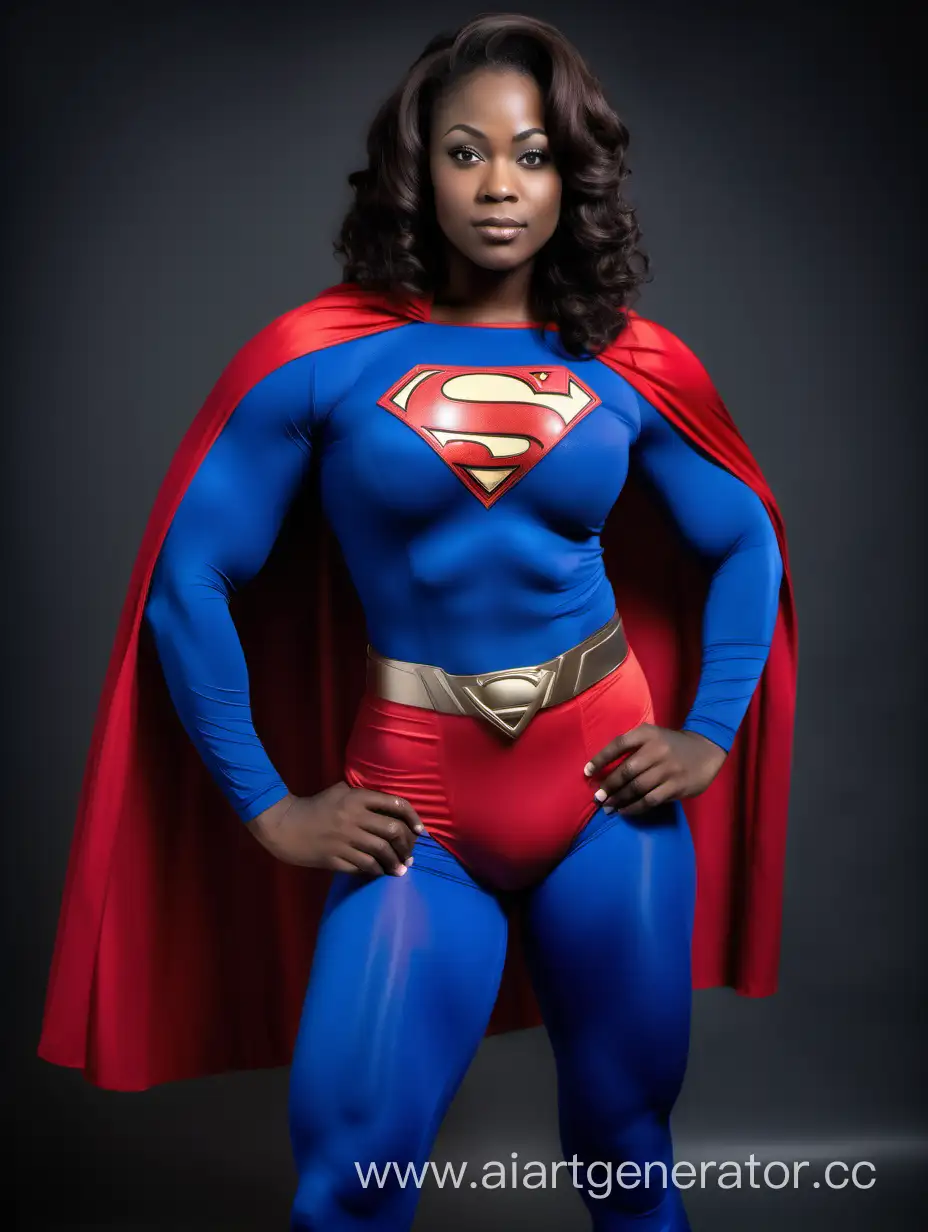A pretty woman, African, brown hair, age 20, ((extremely muscular)), huge arm muscles, huge leg muscles, huge chest muscles, huge abdominal muscles, huge breasts, superhero, powerful, heroic, mighty, massive.  Superman costume, matte spandex, (blue leggings), red briefs, a long cape.
Photo studio.