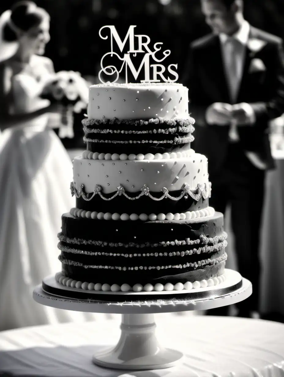 Black and white photo, 3 teired wedding cake, "Mr & Mrs" ontop of cake, blurred daylight wedding in background, sparkles around cake. 