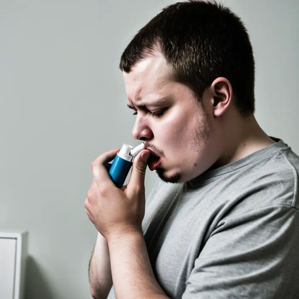 a white person who has asthma and using an inhaler, struggling to breathe



