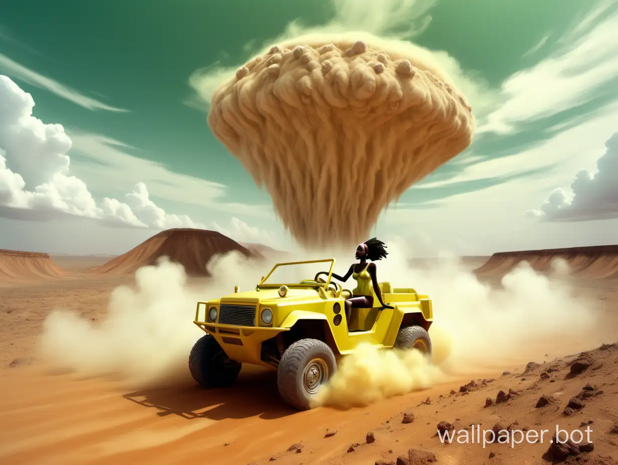 Desert landscape with a crater under a gently green sky with rare clouds in the foreground, an African girl in a pleasant yellow bodystocking behind the wheel of an open rover speeds through clouds of dust. Futurism