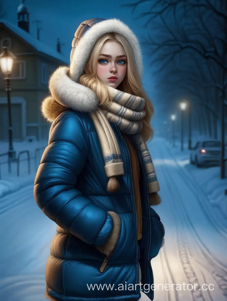 Horror. Dark. A tall Russian girl, with blond hair, blue eyes, dressed in a jacket with a fur hood, a scarf hiding her face, in a warm hat, pants, warm gloves, with a prosthetic leg, in the harsh winter