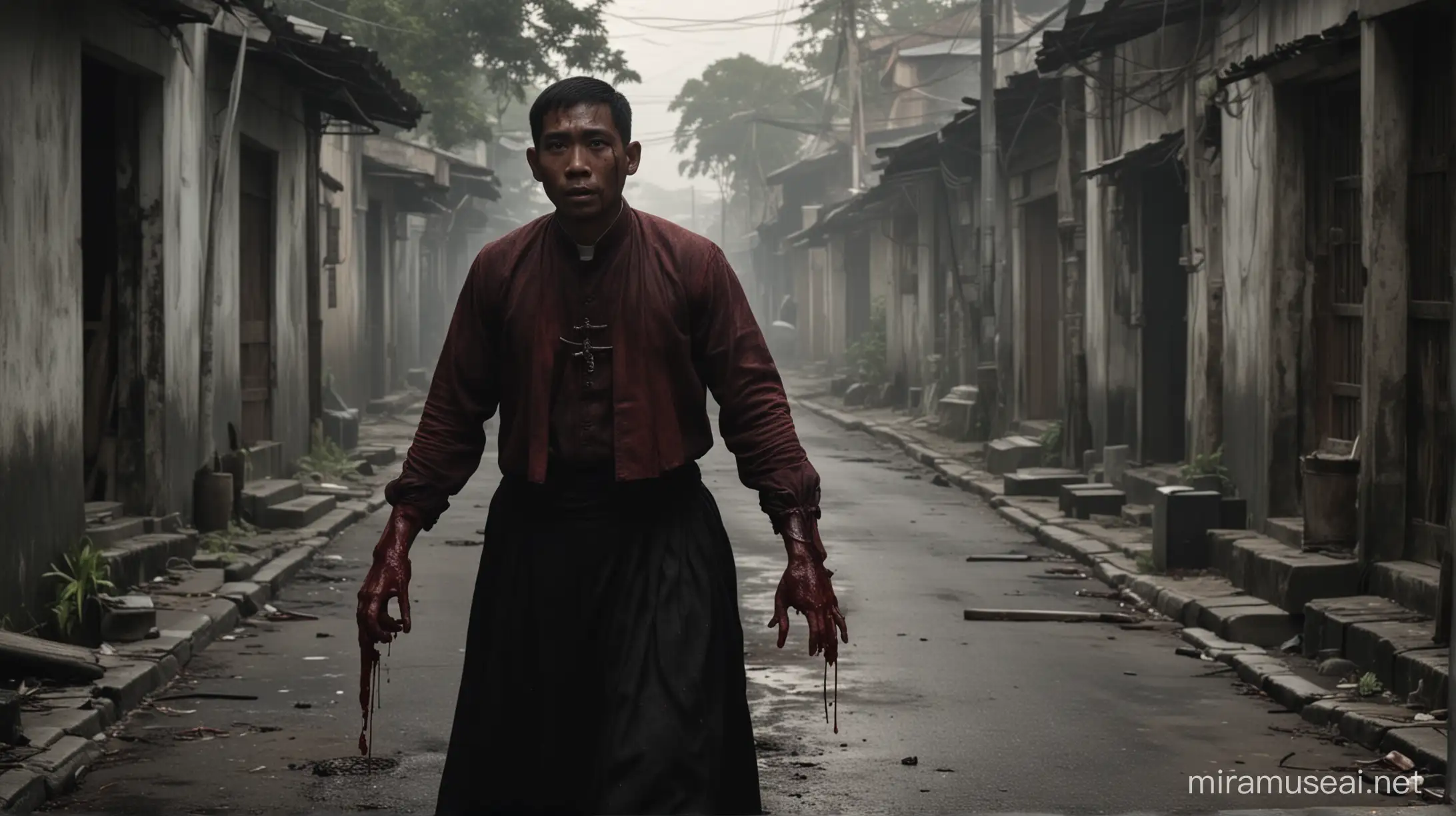 A 19th-century Filipino Catholic murderer priest with bloody hands, prowling alone in the evening streets of colonial era Philippines, horror, cinematic