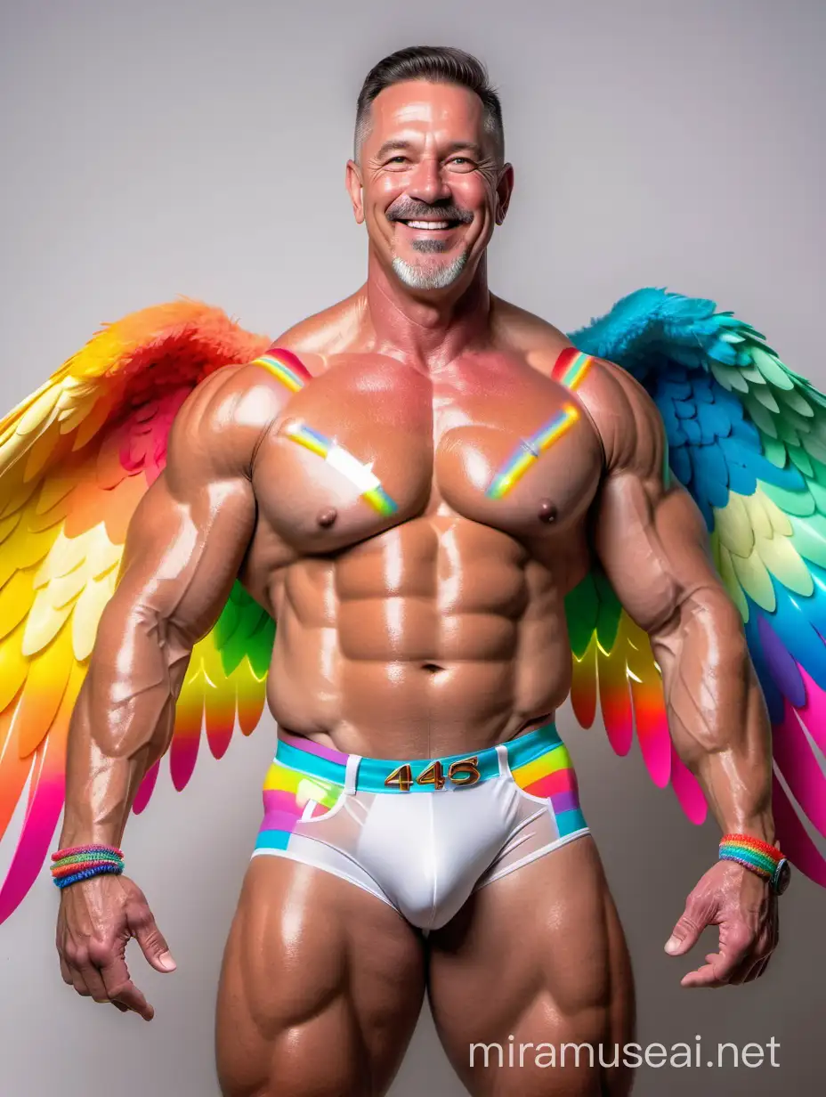 Smiling 40s Bodybuilder Flexing in Colorful Eagle Wings Jacket